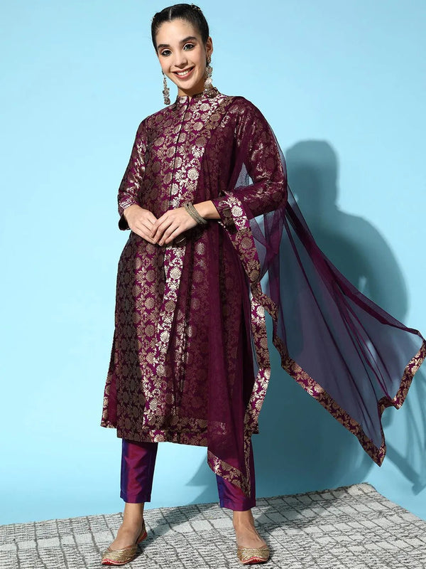 Purple Woven Design Silk Blend Straight Suit Set - Jashvi