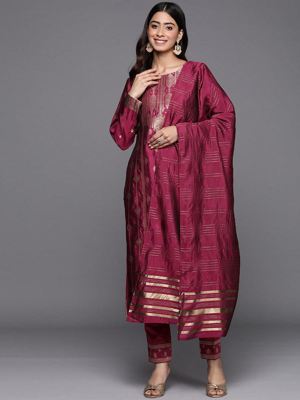 Purple Woven Design Silk Blend Straight Suit Set With Trousers - Jashvi