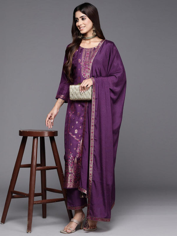 Purple Woven Design Silk Blend Straight Kurta With Trousers & Dupatta - Jashvi