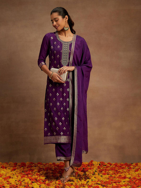 Purple Woven Design Silk Blend Straight Kurta With Trousers & Dupatta - Jashvi