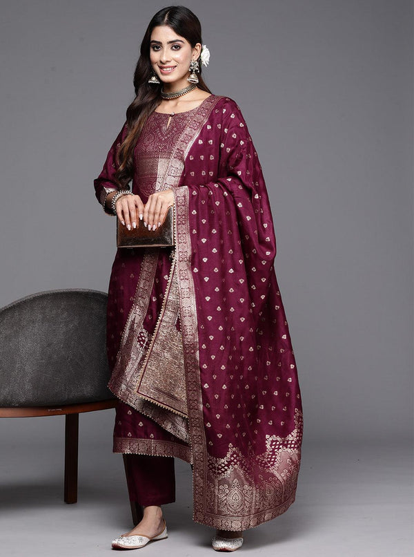 Purple Woven Design Silk Straight Kurta With Trousers & Dupatta - Jashvi