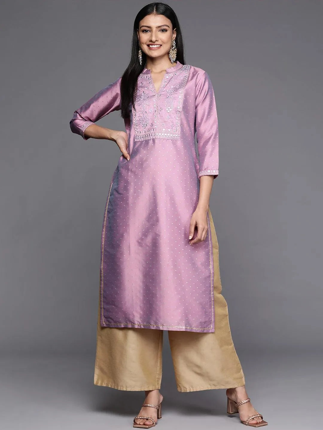 Purple Yoke Design Art Silk Straight Kurta - Jashvi