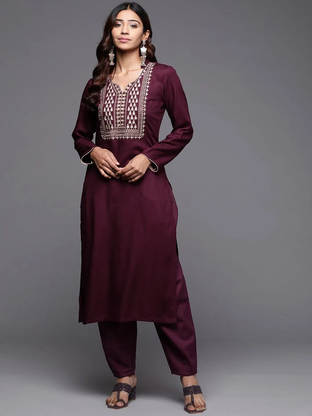 Purple Yoke Design Pashmina Wool Straight Kurta - Jashvi