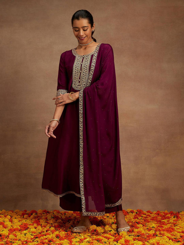 Purple Yoke Design Silk Blend A-Line Kurta With Palazzos & Dupatta - Jashvi