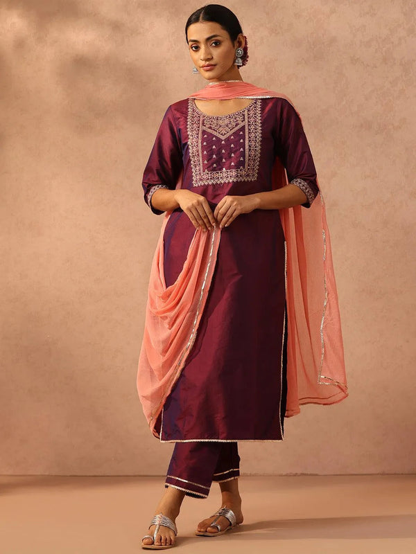 Purple Yoke Design Silk Blend Suit Set With Trousers - Jashvi