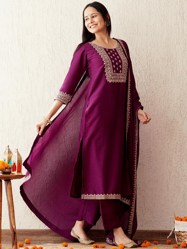 Purple Yoke Design Silk Blend Straight Kurta With Palazzos & Dupatta - Jashvi