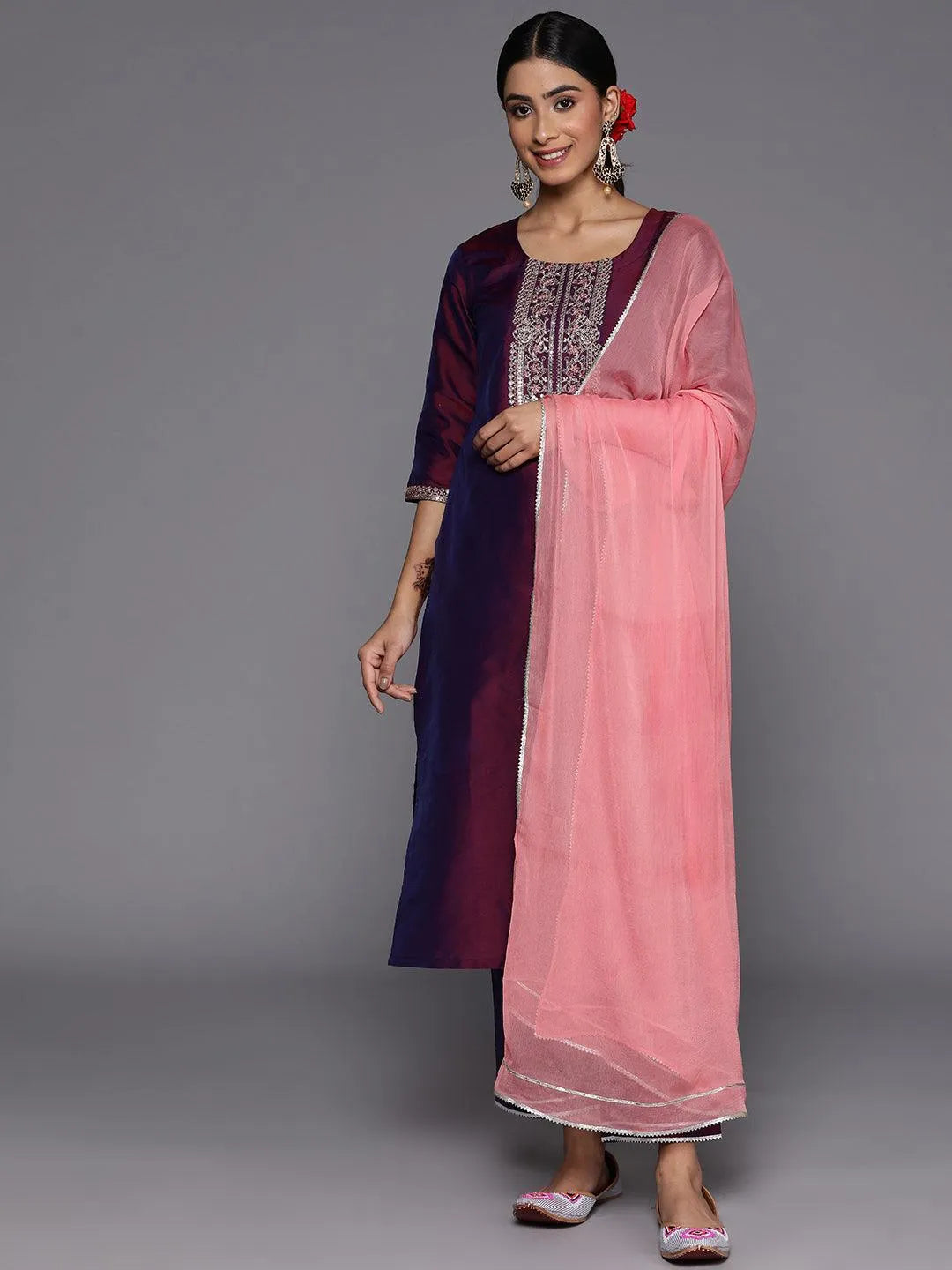 Purple Yoke Design Silk Blend Suit Set With Trousers - Jashvi