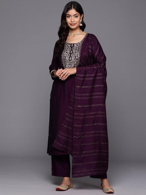 Purple Yoke Design Silk Blend Straight Kurta With Trousers & Dupatta - Jashvi