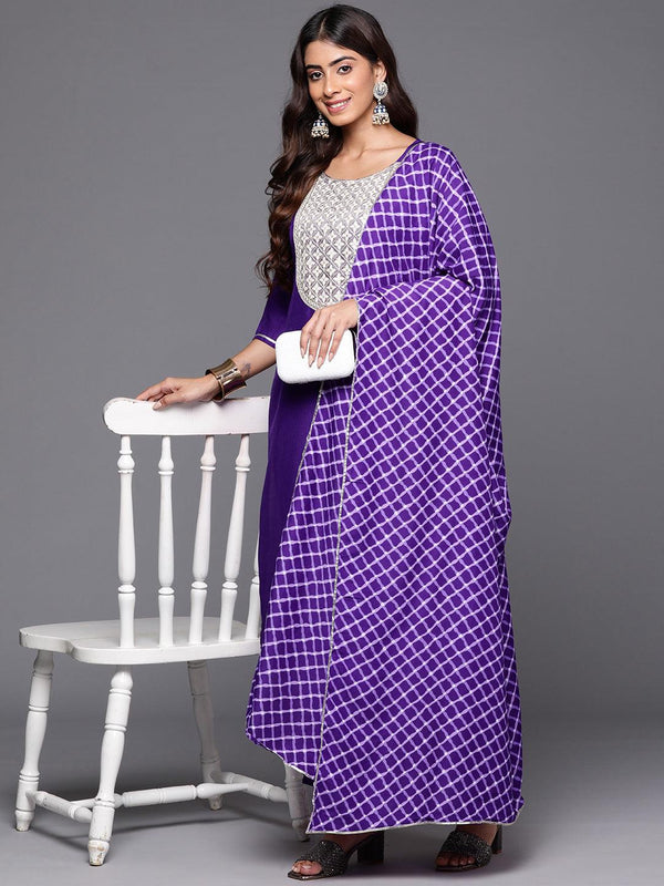 Purple Yoke Design Silk Blend Straight Kurta With Trousers & Dupatta - Jashvi