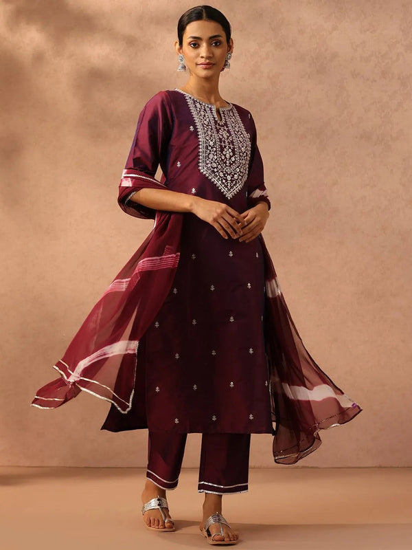 Purple Yoke Design Silk Blend Suit Set With Trousers - Jashvi