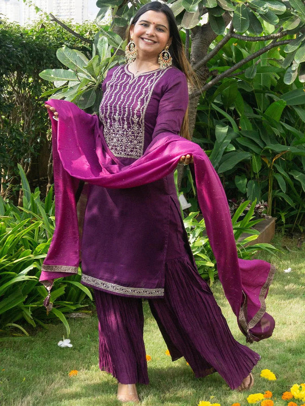 Purple Yoke Design Silk Blend Straight Suit Set - Jashvi