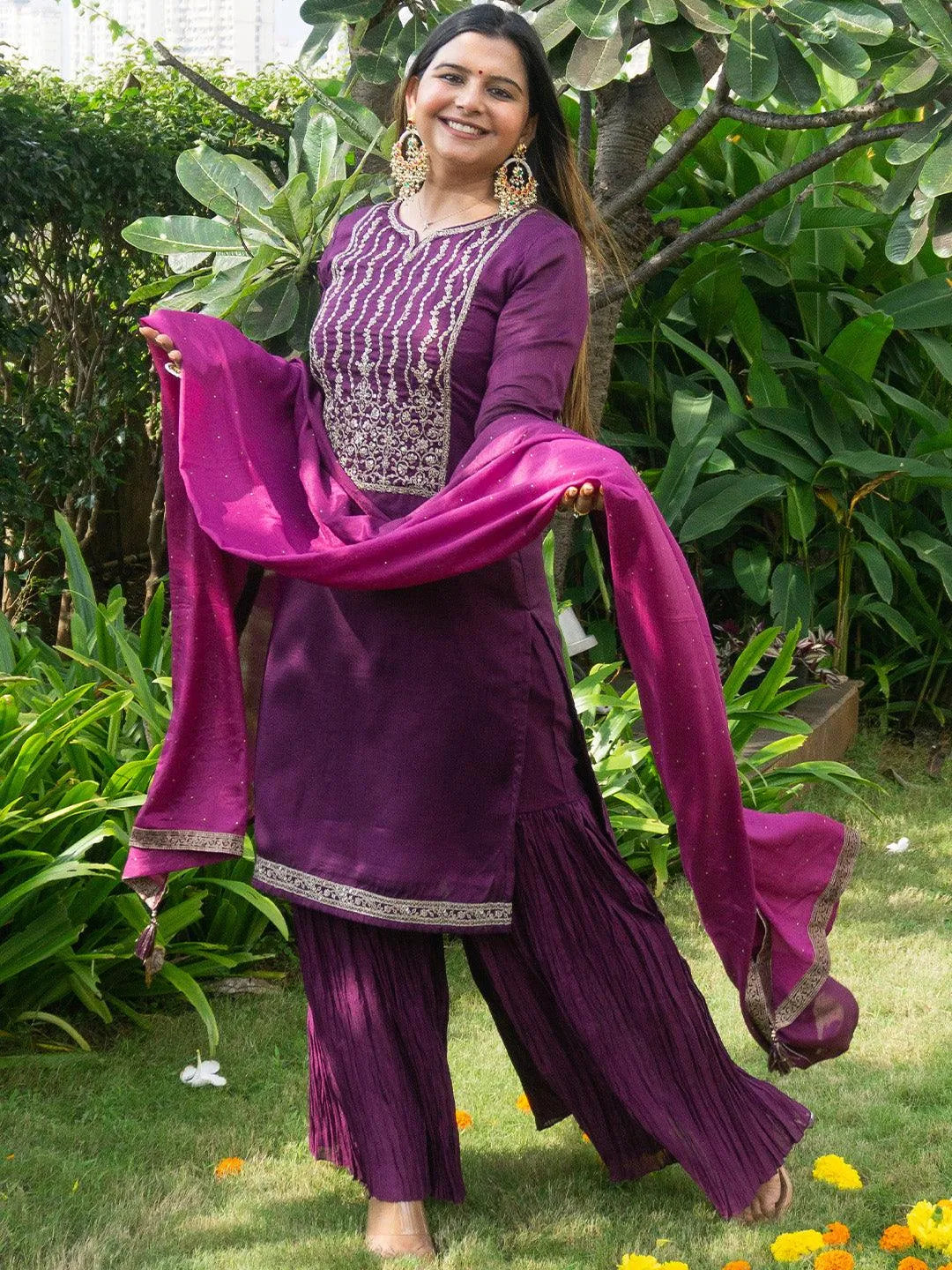 Purple Yoke Design Silk Blend Straight Suit Set - Jashvi