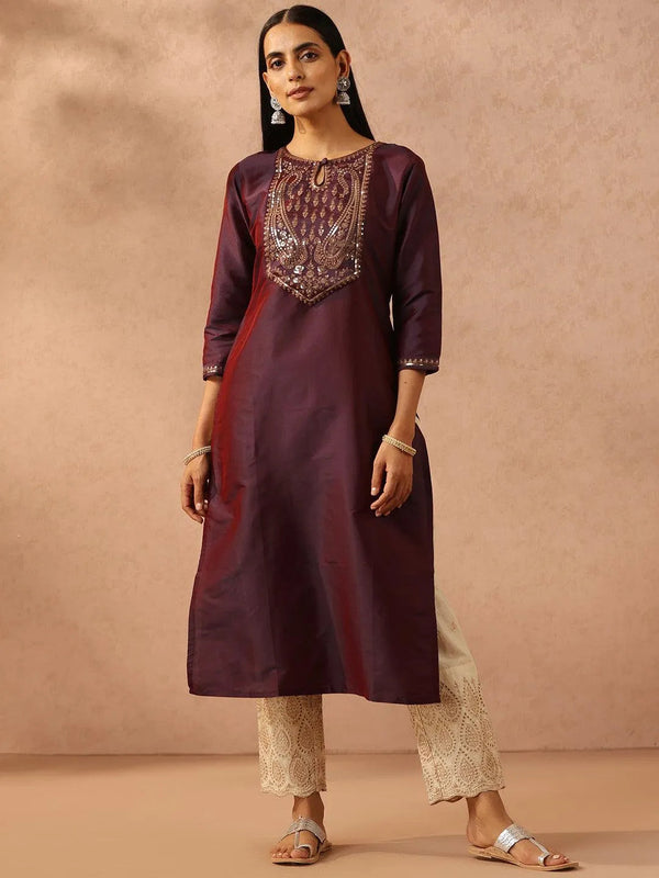 Purple Yoke Design Silk Straight Kurta - Jashvi