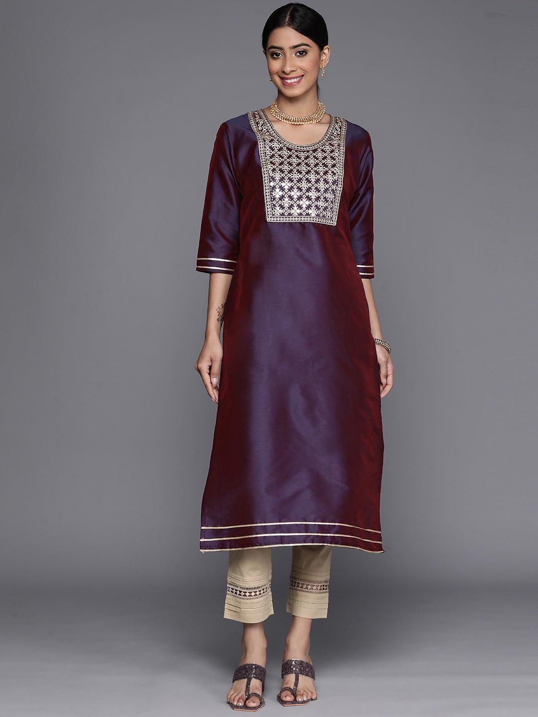 Purple Yoke Design Silk Straight Kurta - Jashvi