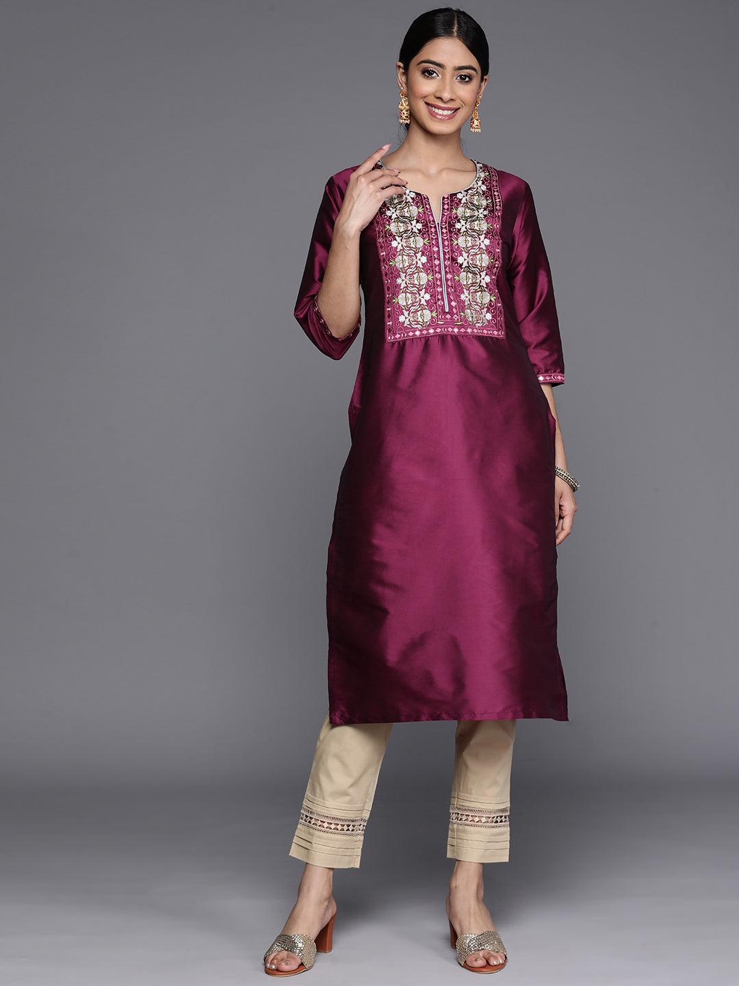 Purple Yoke Design Silk Straight Kurta - Jashvi