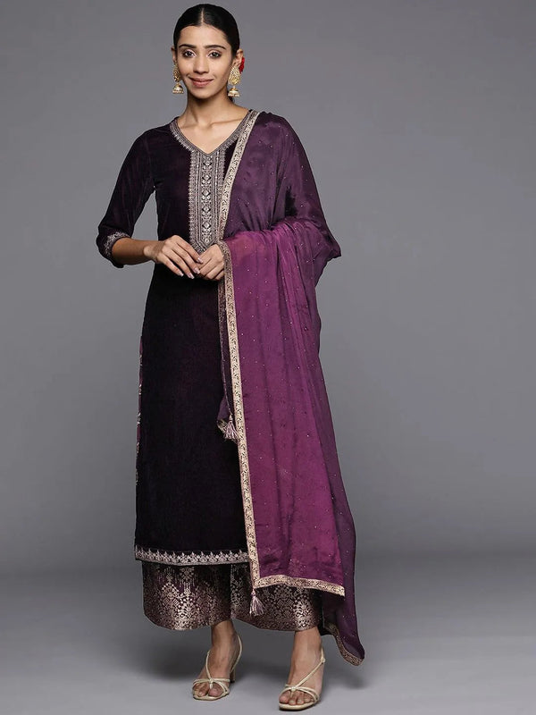 Purple Yoke Design Velvet Straight Suit Set - Jashvi