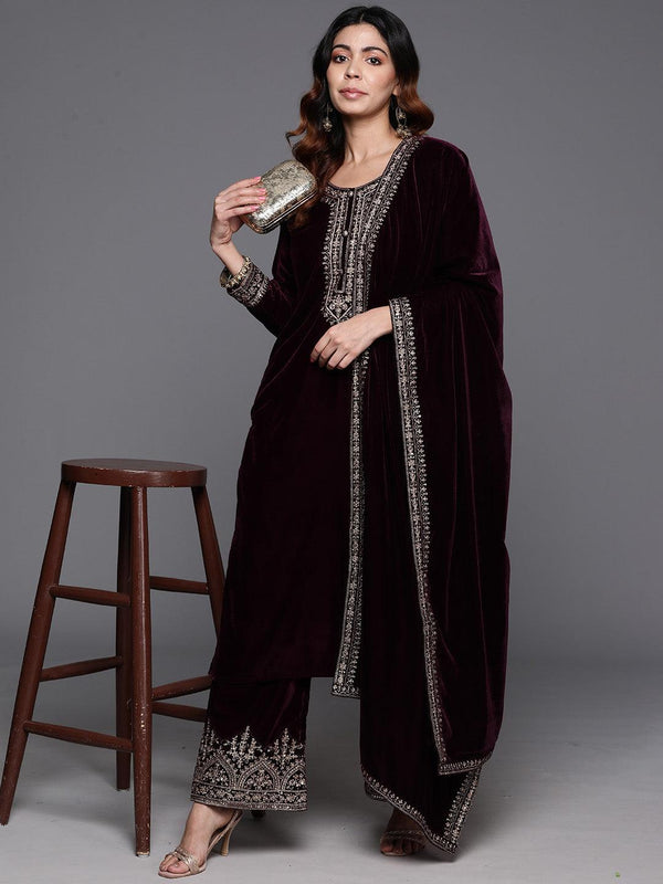 Purple Yoke Design Velvet Straight Kurta With Palazzos & Dupatta - Jashvi