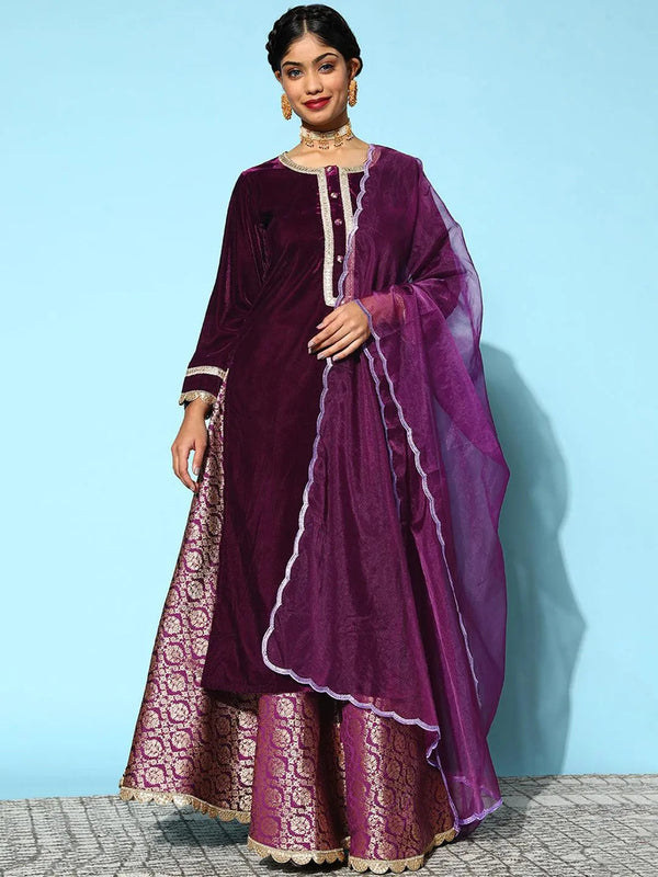 Purple Yoke Design Velvet Straight Suit Set - Jashvi