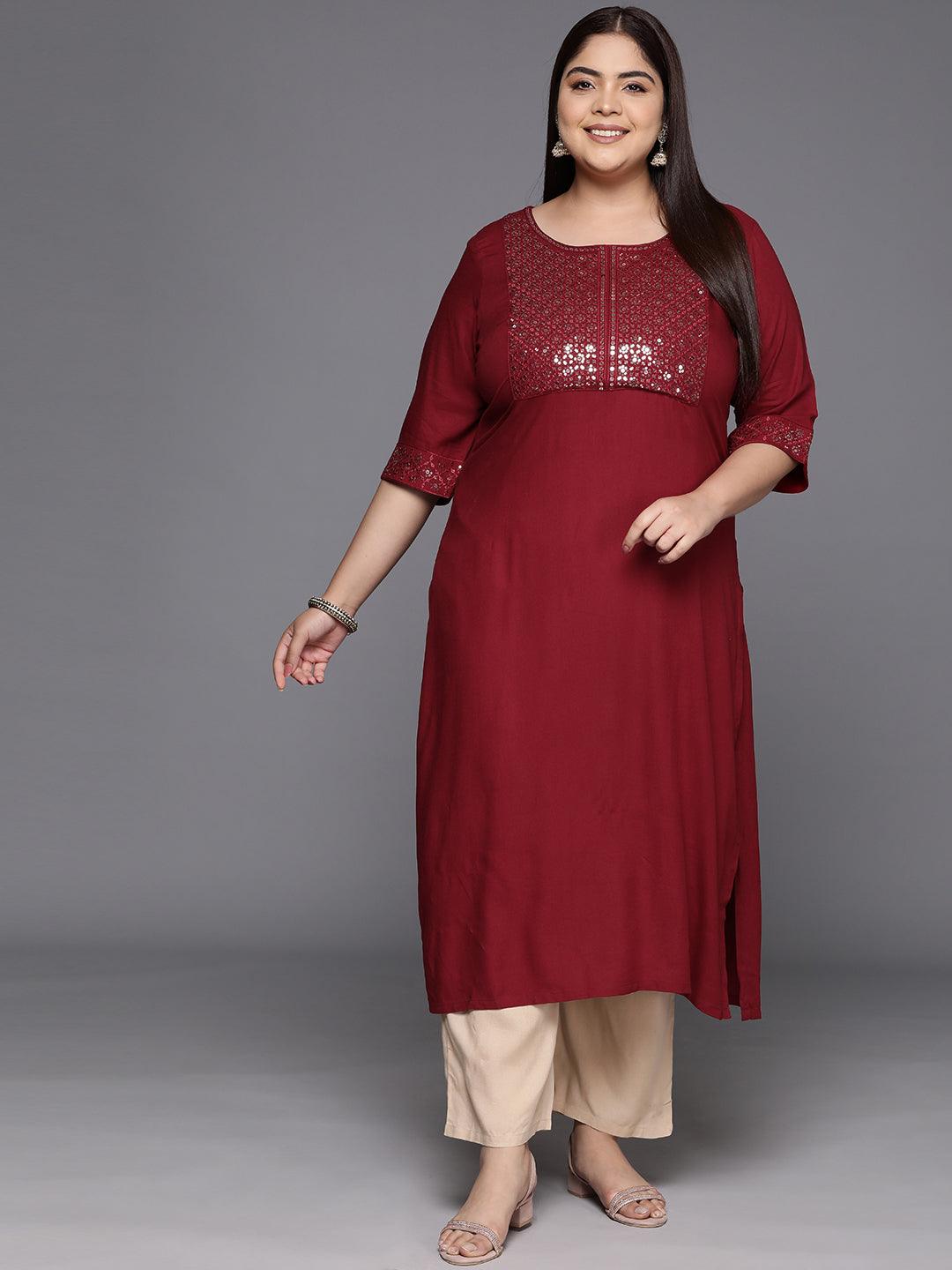 Pus Size Maroon Yoke Design Rayon Straight Kurta - Jashvi