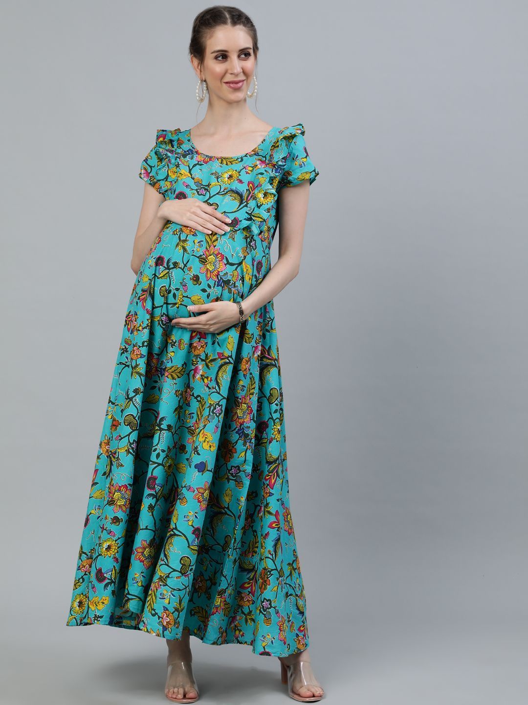 Women's Green & Yellow Floral Printed Flared Maxi - AKS