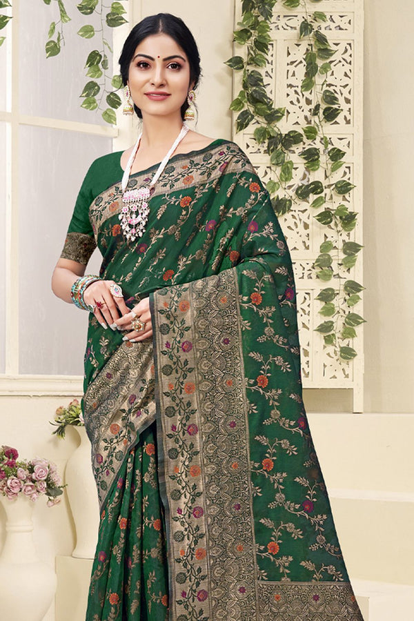 Women's Dark Green Cotton Woven Zari Work Traditional Tassle Saree - Sangam Prints