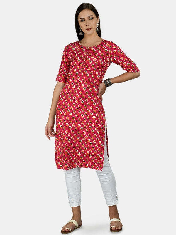 Women's Pink Cotton Printed Half Sleeve Round Neck Casual Kurta - Myshka