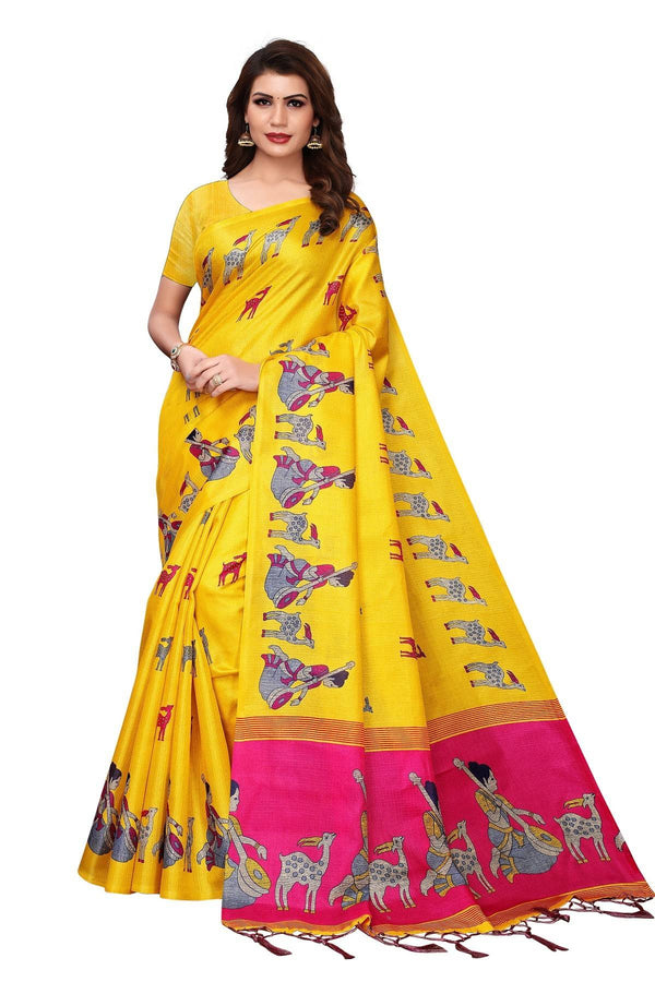 Women's Vamika Pink Kalamkari With Jhalar Khadi Silk Saree Maithali Yellow - Vamika