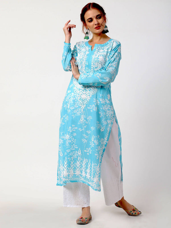 Women's Sky Blue & White Cotton Chikankari Kurta Palazzo & Dupatta Set - Cheera