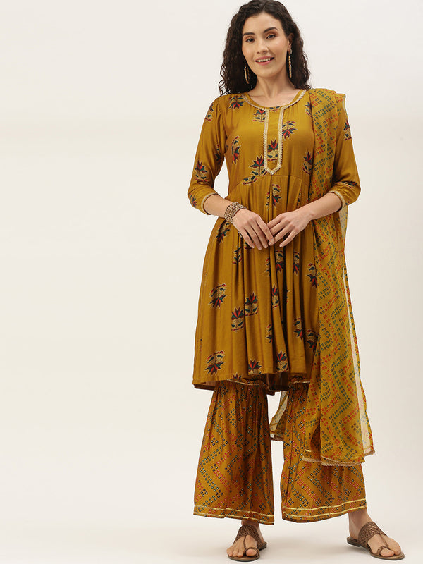 Women's Mustard Color Muslin Foil Printed Kurta Sharara With Dupatta - VAABA