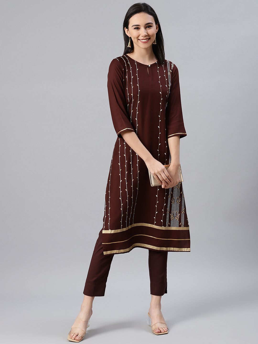 Women Brown Printed Kurta and Pant Set by Ziyaa (2 Pc Set)