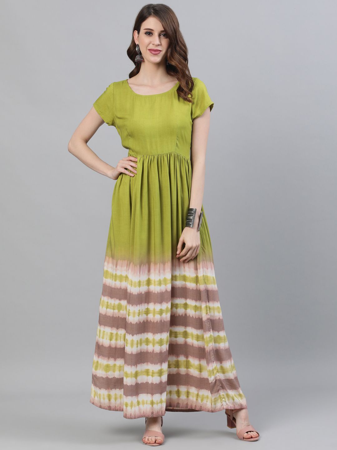 Women's Green & Brown Tie and Dye Printed Flared Maxi - AKS