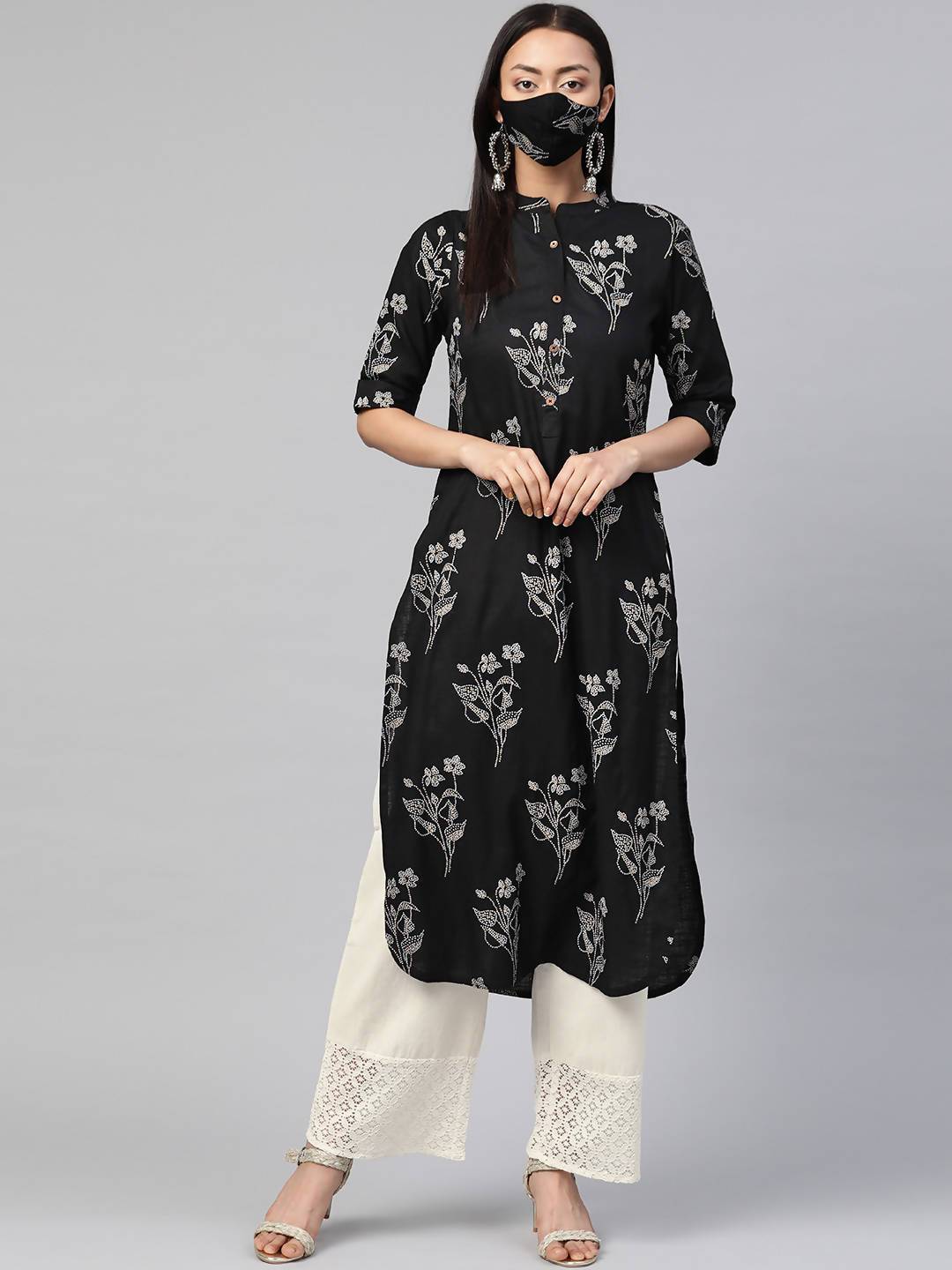 Women's Rayon Slub Bandhani Straight Kurta With Mask - Juniper