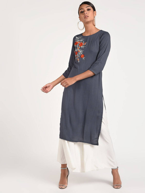 Women's Grey Rayon Straight Kurta Only With Beautiful Embroidery Patch - Cheera