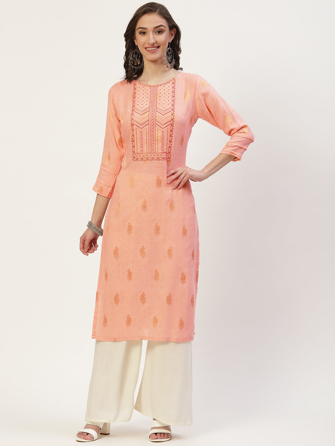 Women's Peach Cotton Hand Embroidered Yoke Straight Kurta - Vaaba