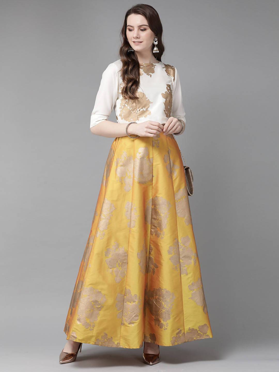 Women's Mustard Taffeta Silk Foil Print Lehenga Choli Set - Juniper