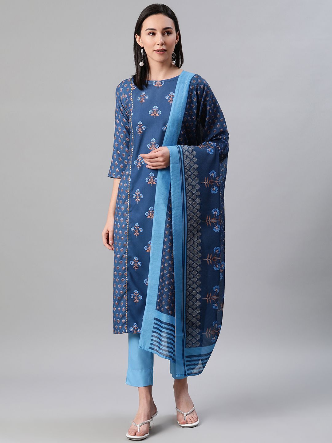 Women's Blue Color Screen Print Straight Kurta,Pant And Dupatta Set - Ziyaa