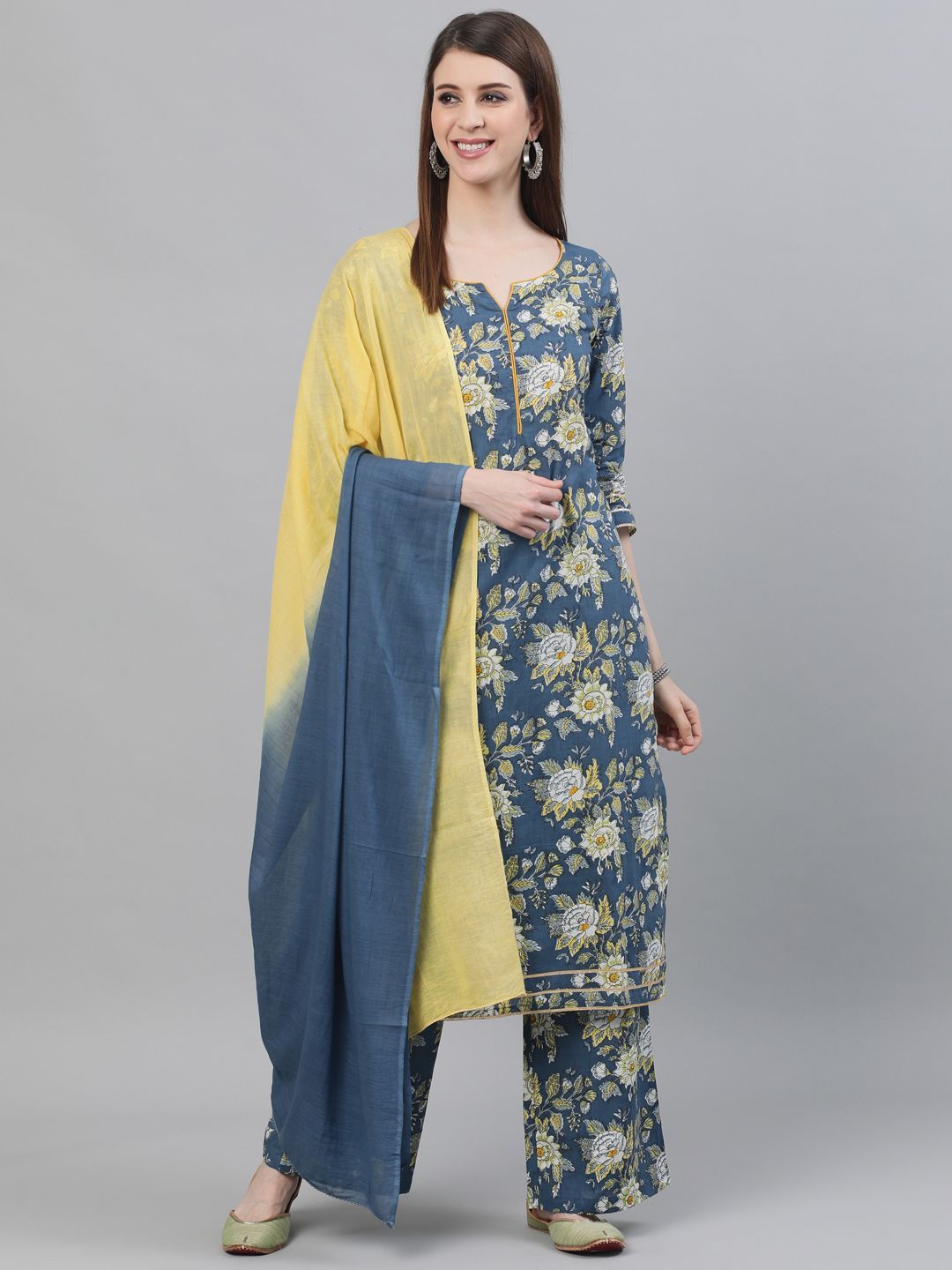 Women's Blue & Yellow Floral Printed Kurta & Palazzo With Tie & Dye Dupatta Set - AKS