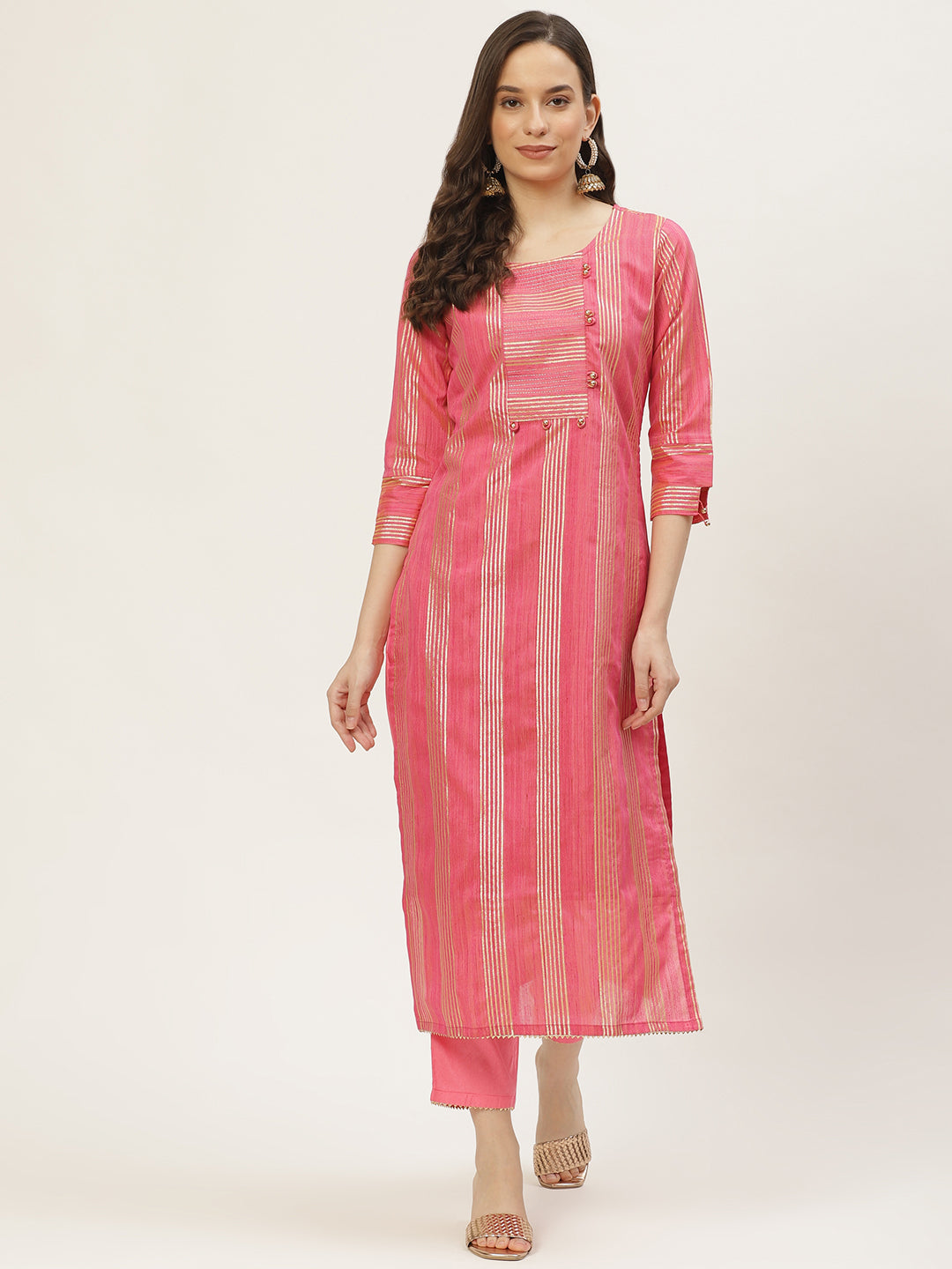 Women's Pink Color Silk Blend Straight Printed Kurta Pant Set - VAABA