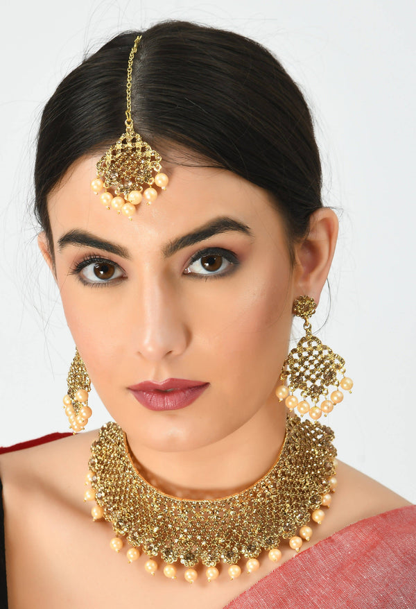 Johar Kamal Gold-Plated Golden Necklace & Pearls with Earrings ,Tikka Jkms_160