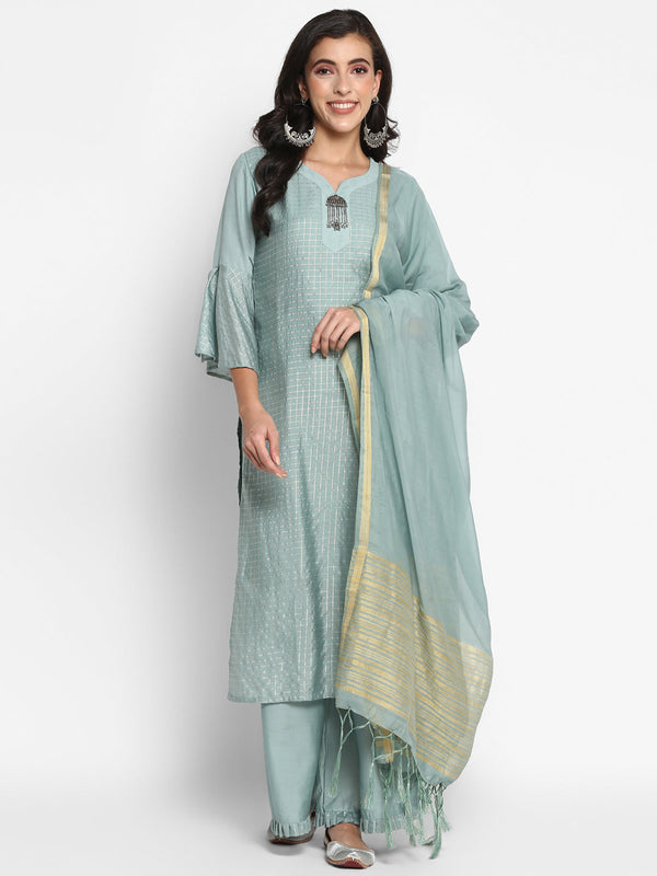 Women's Grey Color Silk Blend Straight Printed Kurta Palazzo With Dupatta - VAABA