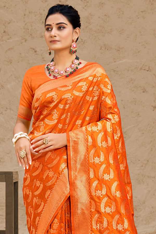 Women's Orange Silk Woven Zari Work Traditional Tassle Saree - Sangam Prints