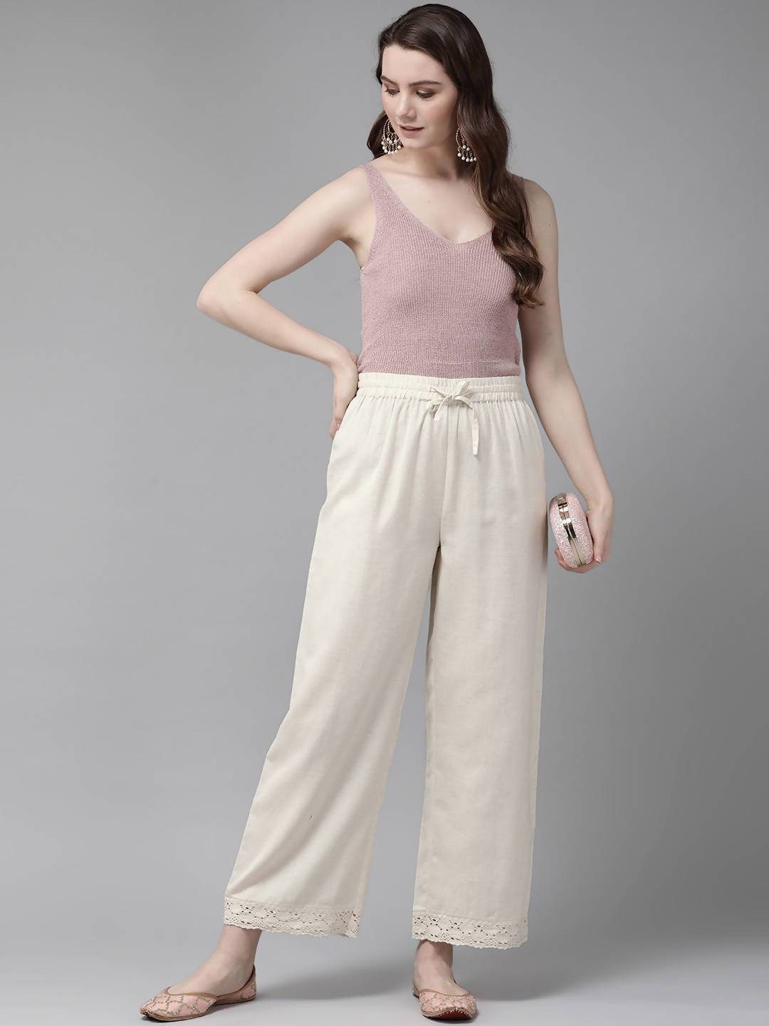 Women's Offwhite Rayon Flex Solid Wide Leg Palazzo - Juniper