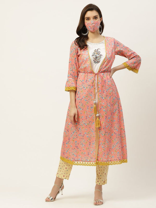 Women's Kurta with Floral Print Jacket and Mask - Juniper