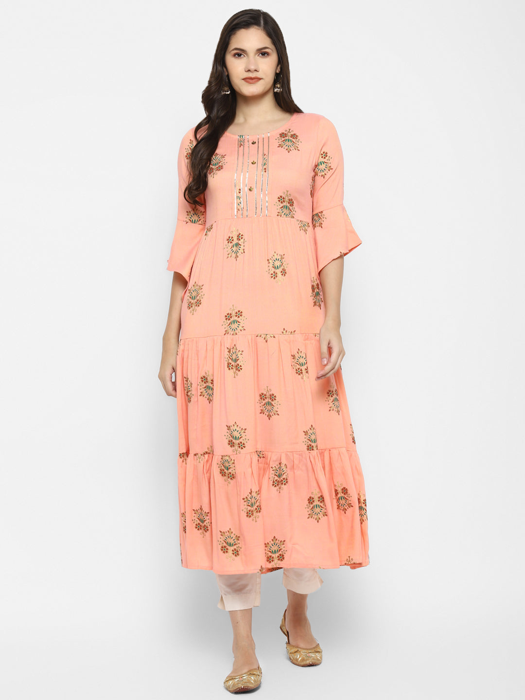 Women's Peach Color Rayon Blend Gold Printed Flared Dress - Vaaba