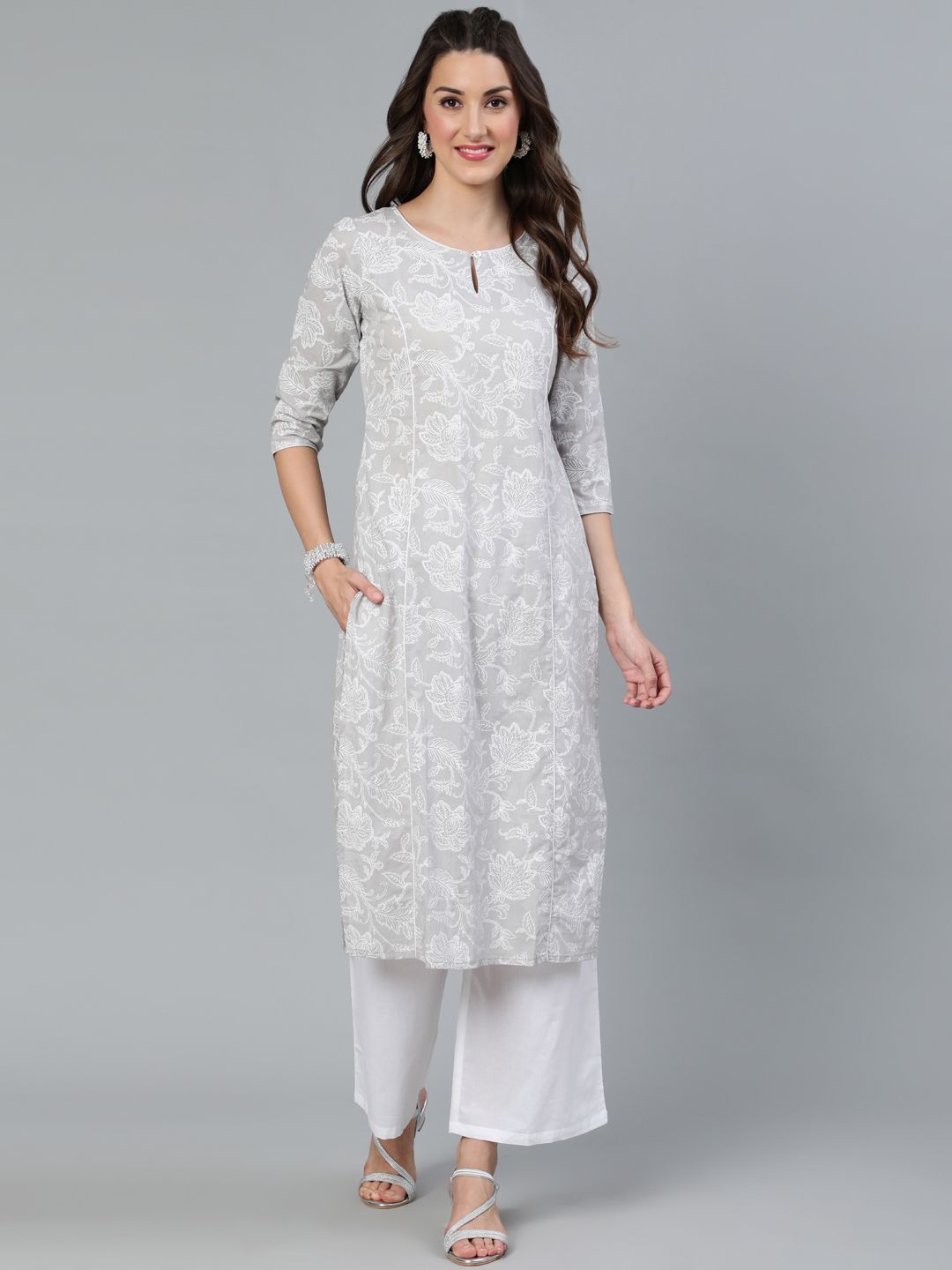 Women's Grey & White Printed Straight Kurta - AKS