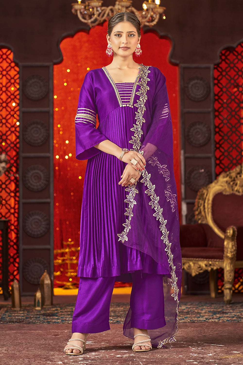 Women's Violet Art Silk Alia Cut Anarkali Kurta Set With Trouser And Dupatta - Curvy Lane