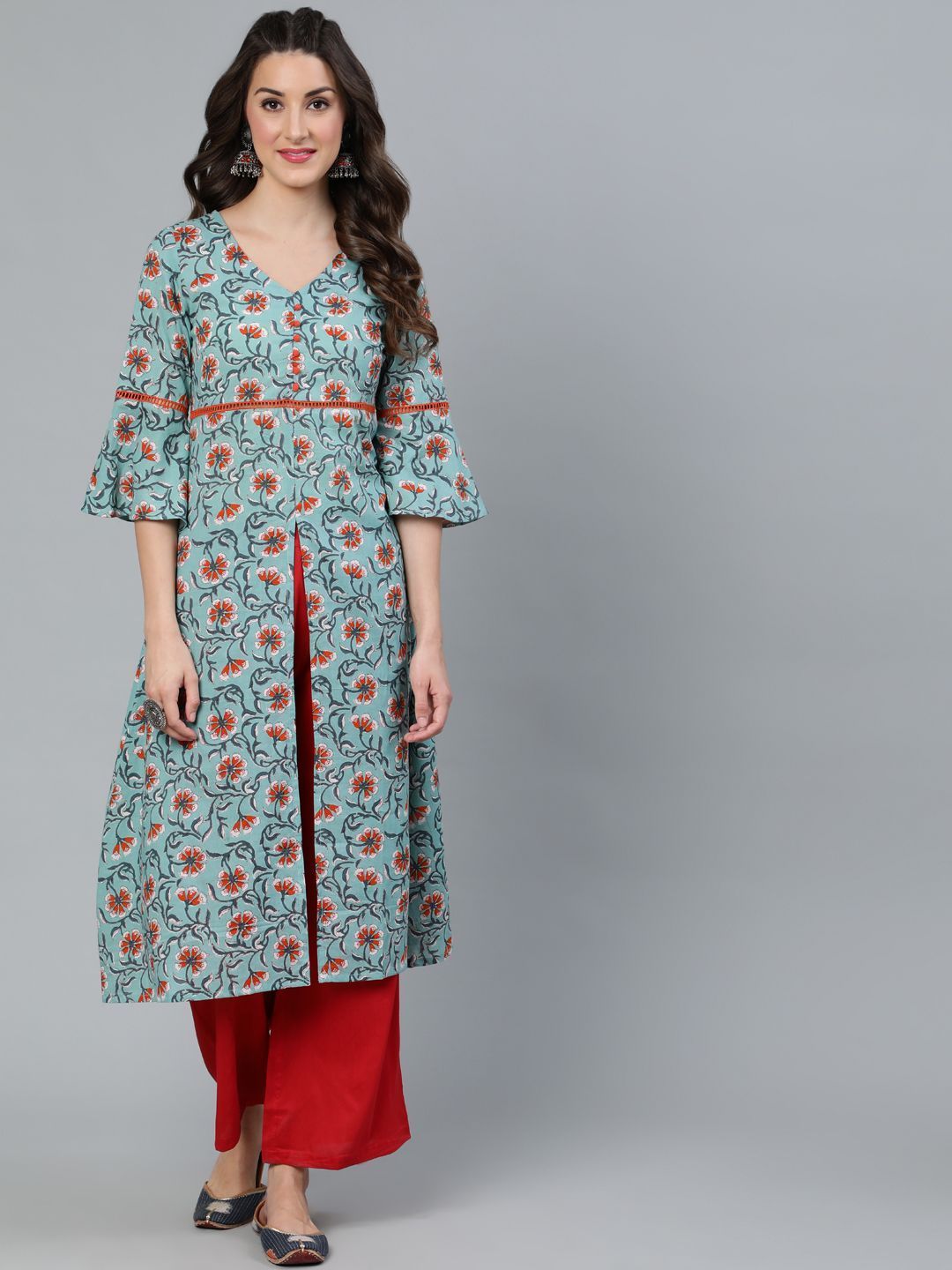 Women's Green & Red Floral Printed Kurta With Solid Palazzo Set - AKS