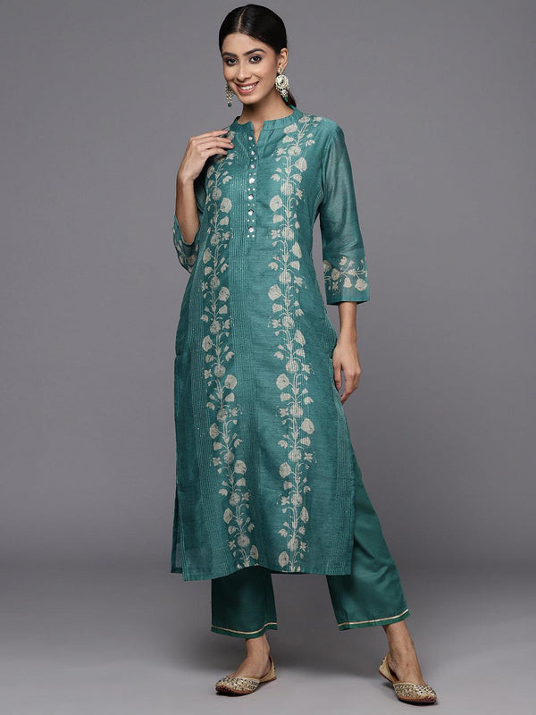 Rama Green Embroidered Chanderi Silk Straight Kurta With Trousers - Jashvi