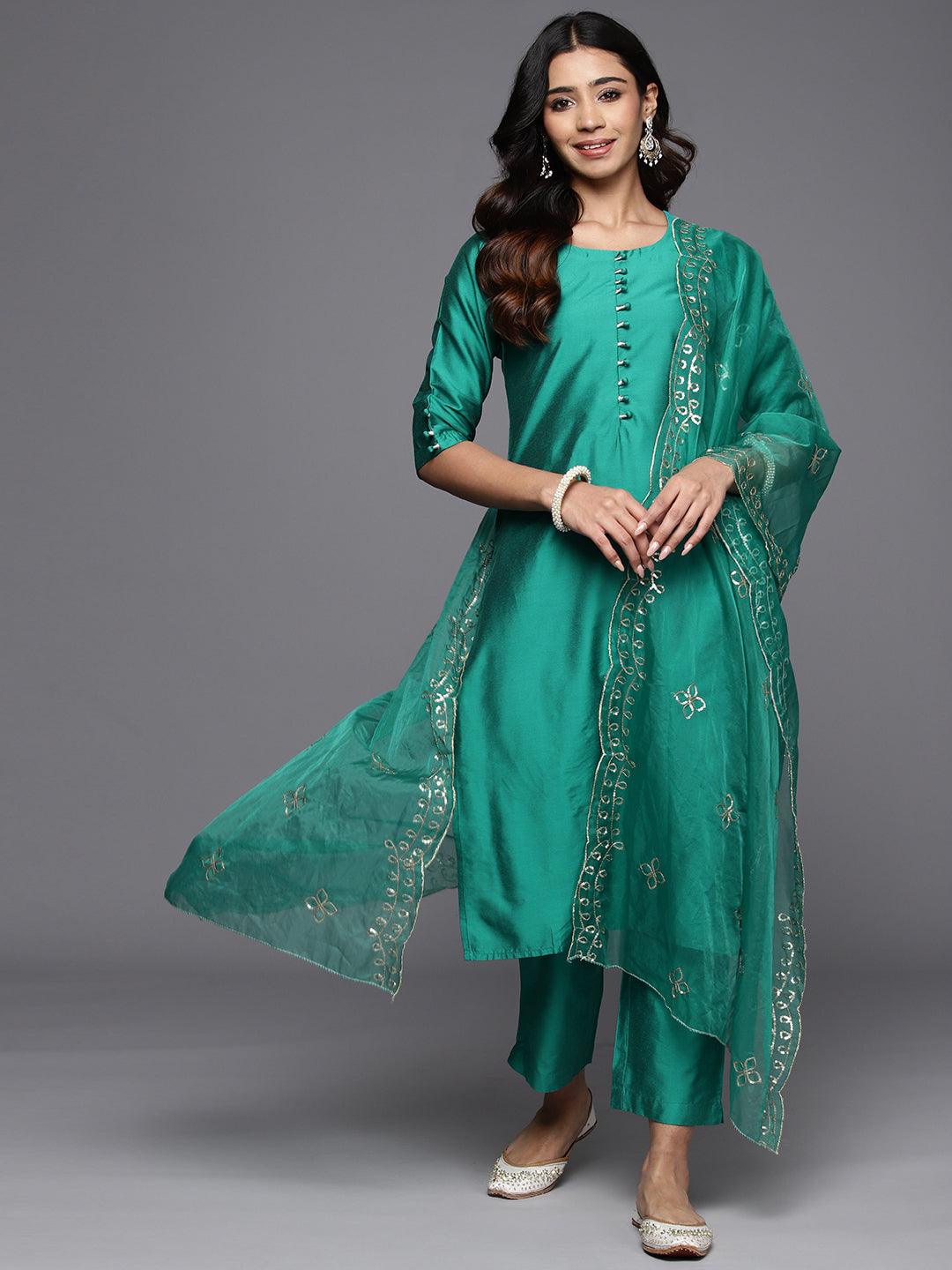 Rama Green Solid Silk Blend Straight Kurta With Trousers & Dupatta - Jashvi