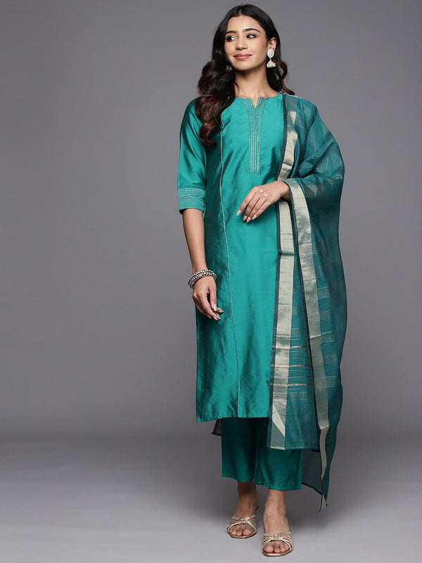 Rama Green Solid Silk Blend Straight Kurta With Trousers & Dupatta - Jashvi